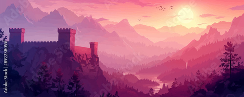 Medieval castle battlements overlooking a valley Vector flat minimalistic isolated