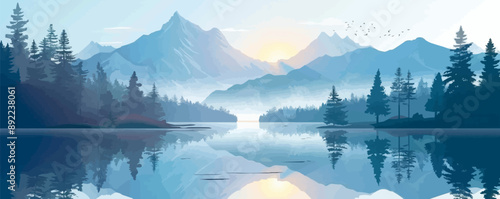 Serene mountain landscape with a tranquil lake Vector flat minimalistic isolated