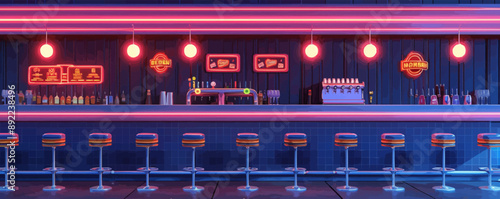 Retro diner with neon signs and chrome stools Vector flat minimalistic isolated