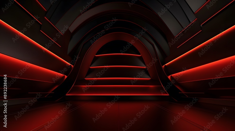 Obraz premium 3d rendering of red and black abstract geometric background. Scene for advertising, technology, showcase, banner, game, sport, cosmetic, business, metaverse. Sci-Fi Illustration. Product display