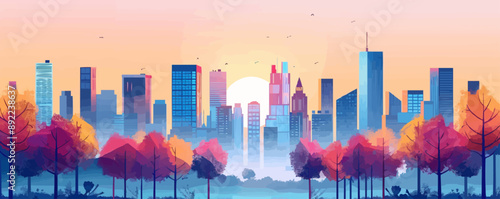 Modern cityscape with diverse architecture and parks Vector flat minimalistic isolated illustration