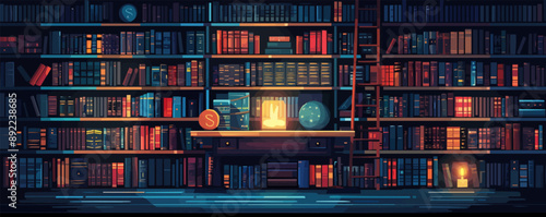 Arcane library filled with ancient tomes of mystical knowledge and wisdom. Vector flat minimalistic isolated