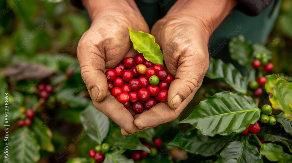 Closeup arabica coffee berries with agriculturist hands Closeup arabica coffee berries with agriculturist hands