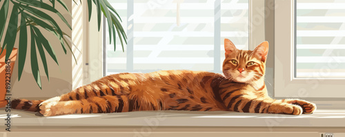 Tabby cat lounging on a sunlit windowsill. Vector flat minimalistic isolated