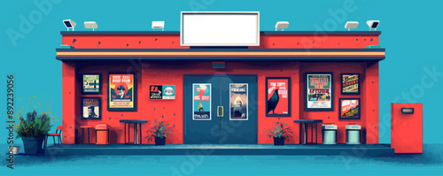 Retro movie theater ticket booth with movie posters Vector flat minimalistic isolated