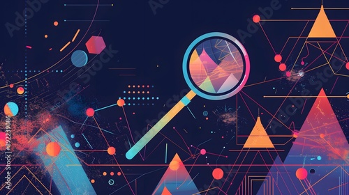 Looking at growth chart with magnifying glass from lines, triangles and particle style design. Illustration vector. 