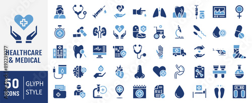 Medical glyph Icons set. Hospital, patient, medicine, pharmacy, nurse, prescription and medical report. Vector illustration