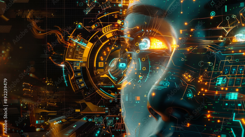 Close-up of a young woman's face passing through a virtual scanner screen for personal identification. Cybersecurity. Abstract background. Close-up of a young woman's face passing through a virtual scanner screen for personal identification. Cybersecurity. Abstract background.