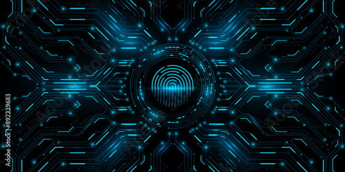 Futuristic sci-fi board with scanning fingerprint. Cybersecurity panel with user biometric data. Hi-tech CPU panel with glowing HUD circle. Tech design. Vector illustration