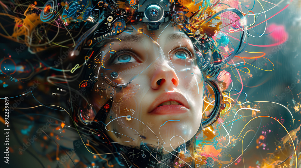 Digital artwork featuring a futuristic, cybernetic female- Digital artwork featuring a futuristic, cybernetic female-