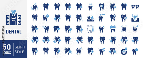 Dental icon set. Containing tooth, toothpaste, toothbrush, teeth, implant and dentistry icons. Dental icon collection. Vector illustration.