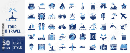 Set of 50 Tour and travel icon set. Travel and tour icons set. Tourism vector icon