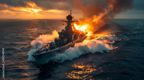Warship firing during combat