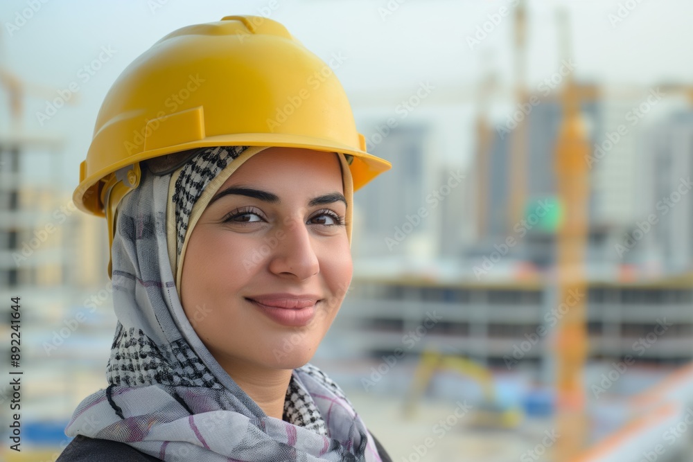 An engineer wearing a hardhat and headscarf smiles while standing on a construction site at height. An engineer wearing a hardhat and headscarf smiles while standing on a construction site at height.