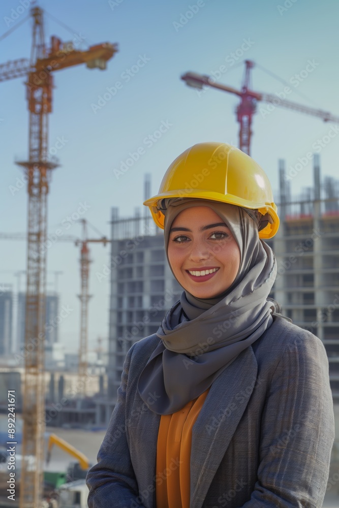 Arab architect examining construction site plans, smiling in a hardhat and headscarf, overseeing project development. Arab architect examining construction site plans, smiling in a hardhat and headscarf, overseeing project development.