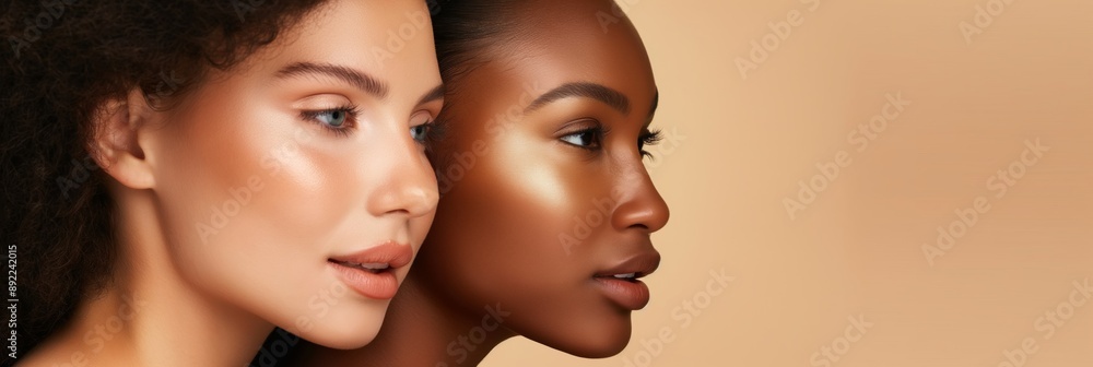 Glowing skincare models with elegance and diversity, showcasing beauty, clean face, and healthy skin. Glowing skincare models with elegance and diversity, showcasing beauty, clean face, and healthy skin.