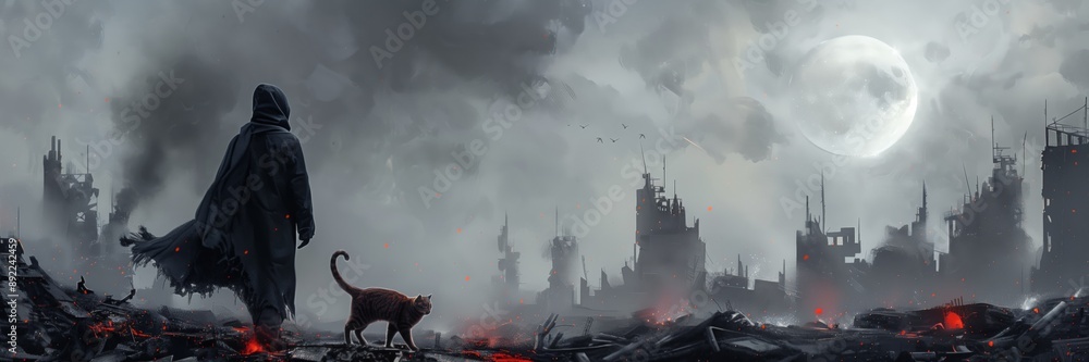 Fototapeta premium The sky is dark and the city is covered in smoke