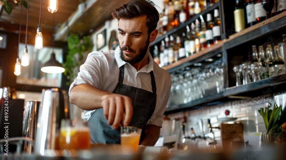 Bartender polishing a glass, maintaining a clean and professional bar environment Bartender polishing a glass, maintaining a clean and professional bar environment