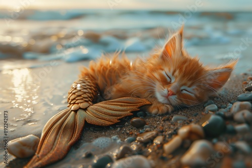 Wallpaper Mural A cat is sleeping on the beach with a mermaid tail Torontodigital.ca