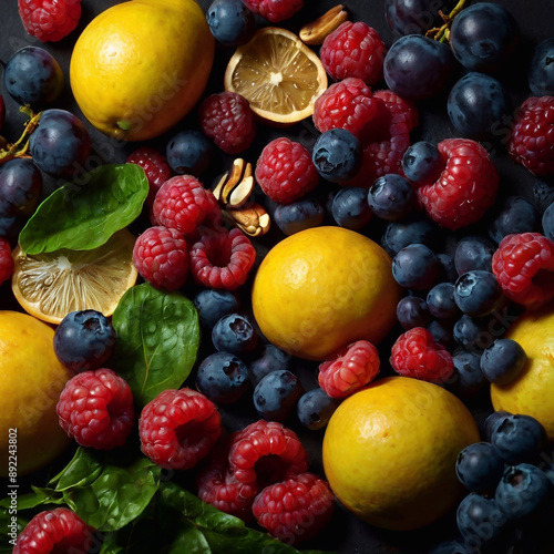 Wallpaper Mural A vibrant, high-contrast image of a powerful antioxidant blend of brightly colored fruits, berries, leafy greens and nuts, with intricate detail and realistic shadows for a lifelike look  Torontodigital.ca