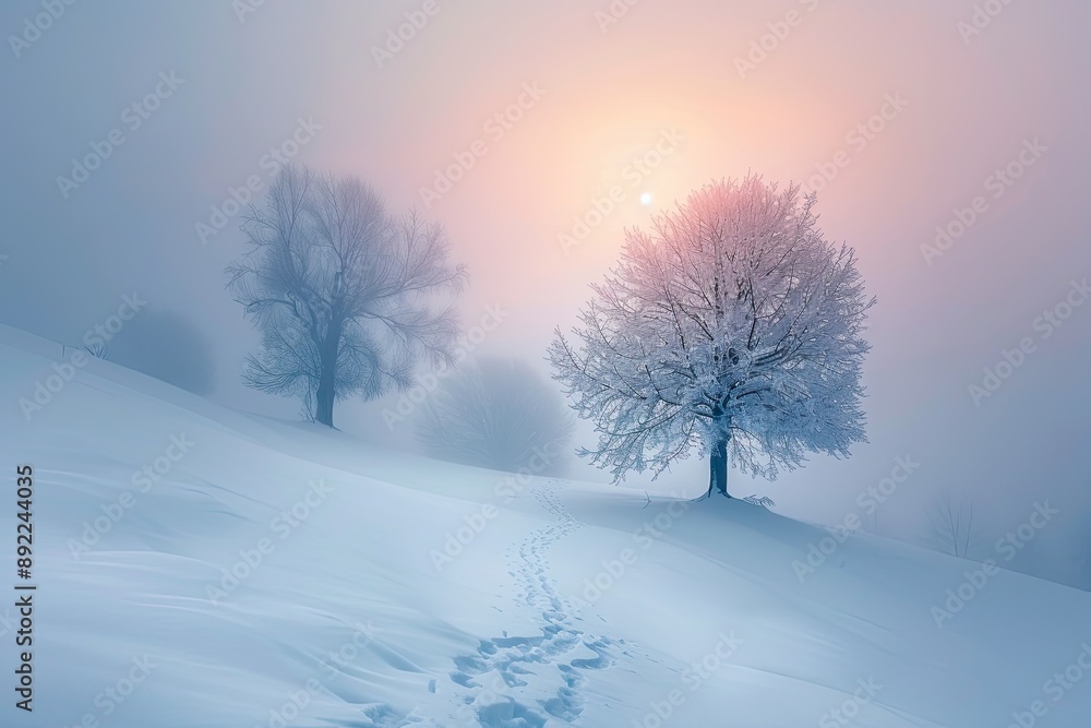 A Frosty Tree Stands Tall Against a Misty Pink Sunrise A Frosty Tree Stands Tall Against a Misty Pink Sunrise