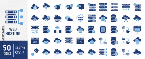 Web Hosting icons set. Web hosting, server, data center, cloud hosting, domain, ftp, internet, database and firewall.