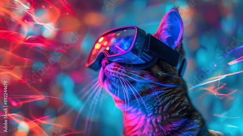 Close-up photo of a cat wearing virtual reality glasses with neon lights in the background. Concept of futuristic technology, virtual reality, pets, and digital innovation. Copy space