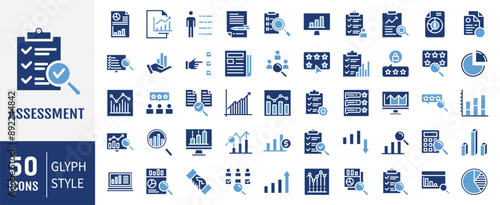 Assessment glyph icons set. Audit, analysis, plan, evaluation, result and goal. Vector illustration