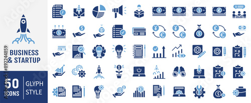 Business Startup vector icon set. For Mobile and Web. The set contains icons: Startup, Launch Event, Beginnings, New Business, Motivation, Rocket, Opening.