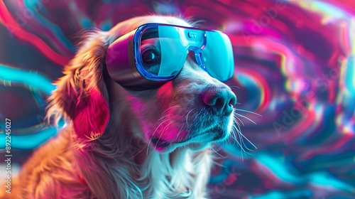 Golden retriever dog wearing futuristic goggles in a neon-lit setting. Concept of pet technology, canine fashion, sci-fi animals, futuristic pets