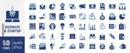 Business Startup vector icon set. For Mobile and Web. The set contains icons: Startup, Launch Event, Beginnings, New Business, Motivation, Rocket, Opening.