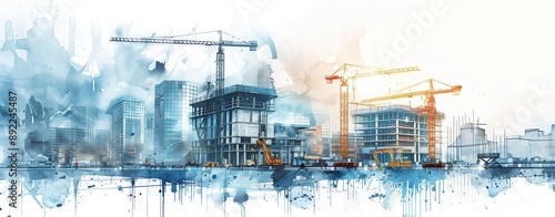 A digital illustration of a construction site with cranes and workers, in the front is a modern building