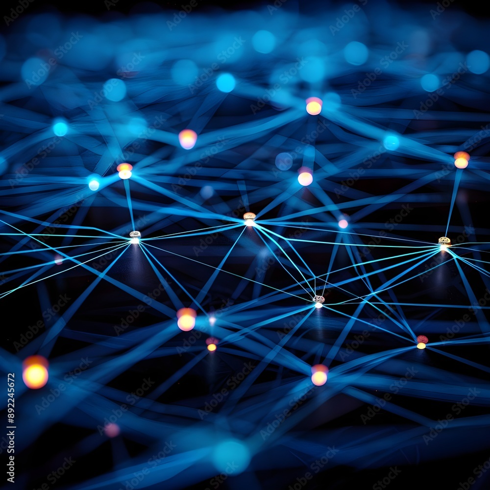 A digital network of interconnected nodes, glowing with blue and white lights against a dark background. A digital network of interconnected nodes, glowing with blue and white lights against a dark background.