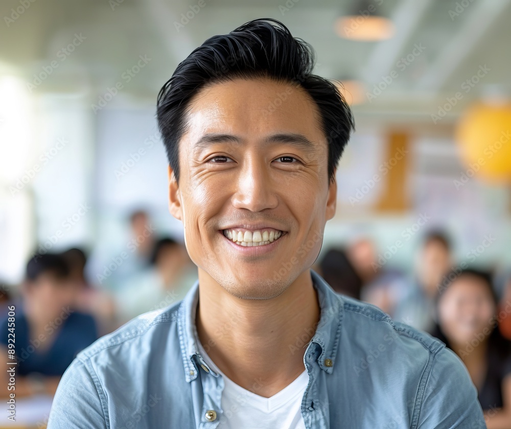 Asian male teacher smiling in classroom. Concept of education, mentorship, diversity in schooling Asian male teacher smiling in classroom. Concept of education, mentorship, diversity in schooling