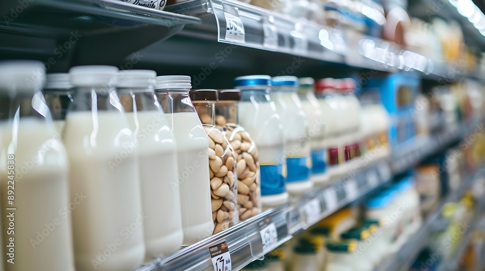 Defocused Supermarket Dairy Shelves with Variety of Milk Products Defocused Supermarket Dairy Shelves with Variety of Milk Products