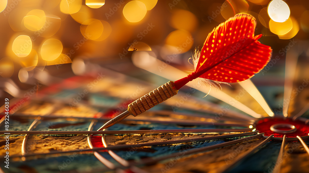 a close-up of a dart with a red feather tail hitting the bullseye on a dartboard. The dartboard has concentric circles with alternating colors a close-up of a dart with a red feather tail hitting the bullseye on a dartboard. The dartboard has concentric circles with alternating colors