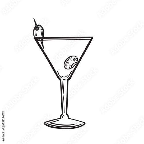 Alcohol vermouth drink with olive line drawing vector illustration.