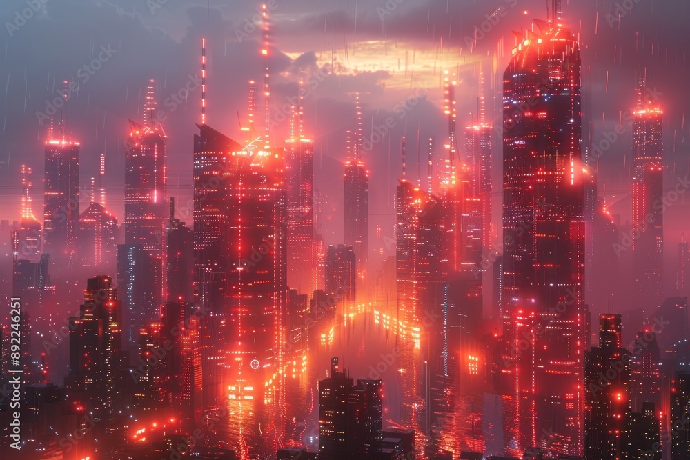 Obraz premium Neon Cityscape Under a Red Sky