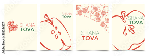 Rosh Hashanah Greeting card collection. Colorful posters with pomegranates and apples and heart from seeds. Vector Design elements on Jewish New Year for postcard, background, card, invitation. a4