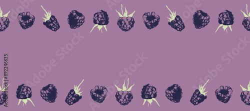 Scotch tape with blackberry pattern. Vector drawing of blackberries in style of hand drawn graphics. Dry pastel mulberry illustrations. Fruit ribbon with seamless pattern of purple berries.