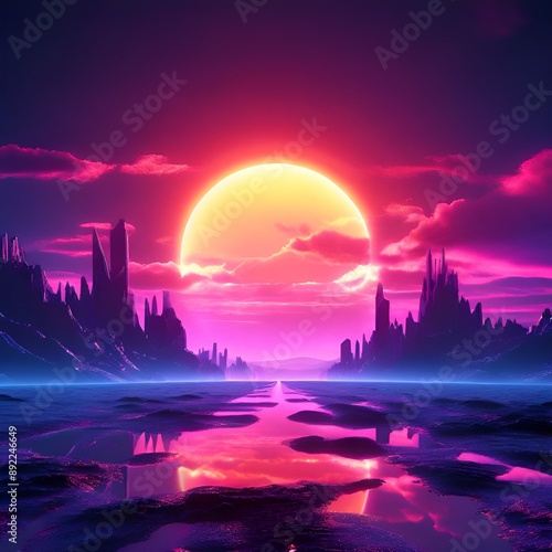  futuristic-digital-render-in-cyber-landscape-with-big-low-sun-synthwave-style