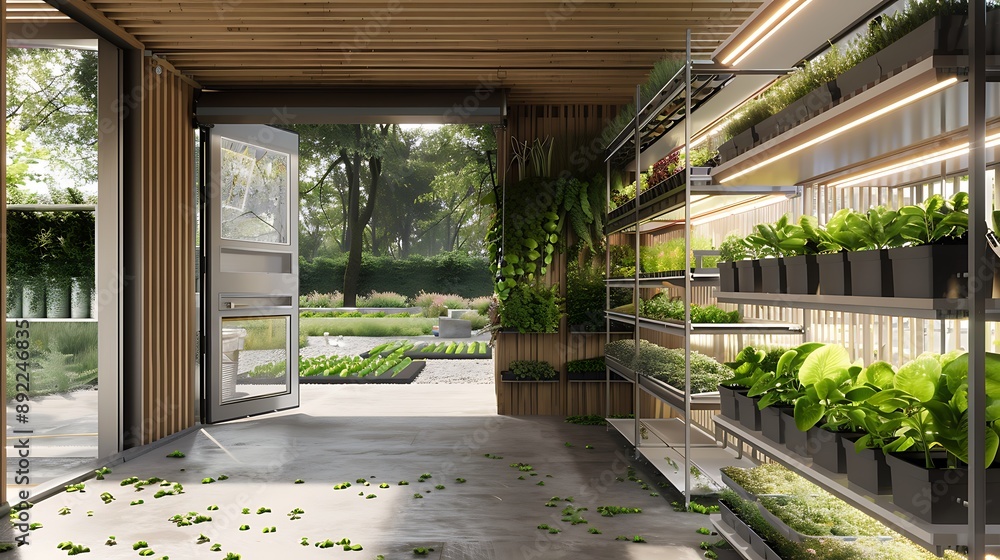 Modern urban garden garage incorporating hydroponics and vertical farming Modern urban garden garage incorporating hydroponics and vertical farming