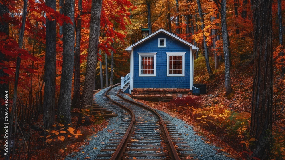 A small blue painted house with white trim, located in a forest with trees bearing leaves of fiery red and gold. A meandering pathway made of railroad ties and gravel leads up to the house. A small blue painted house with white trim, located in a forest with trees bearing leaves of fiery red and gold. A meandering pathway made of railroad ties and gravel leads up to the house.