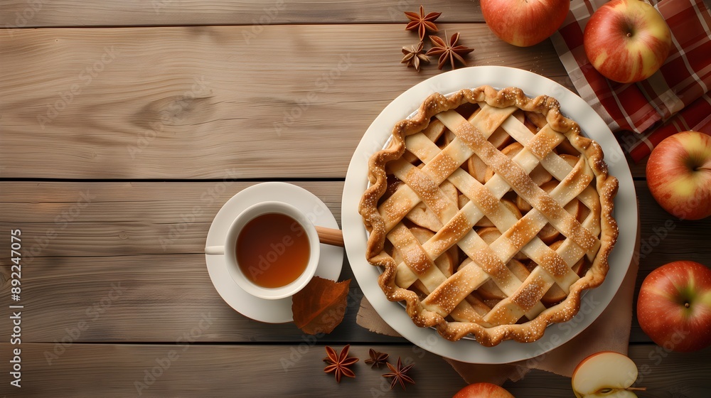 Classic Apple Pie Lattice Crust Topping Tea Flat Lay Fall Autumn Theme Copy Space Classic Apple Pie Lattice Crust Topping Tea Flat Lay Fall Autumn Theme Copy Space