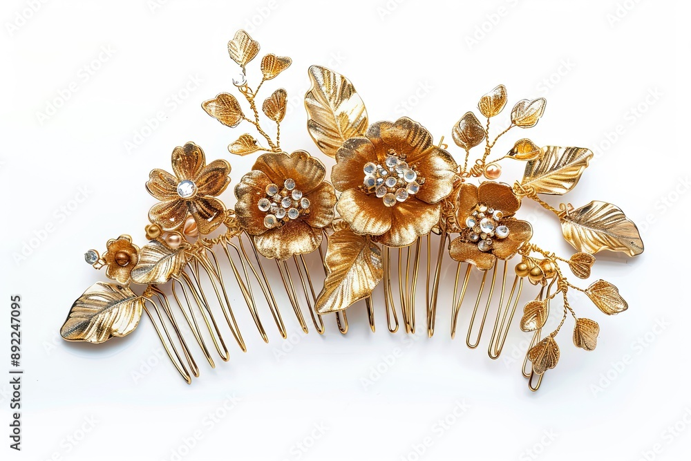 Fototapeta premium A Golden Floral Hair Comb with Delicate Leaves and Sparkling Crystals