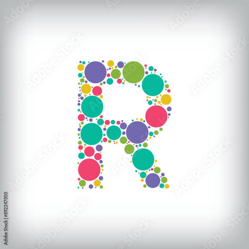 Letter R made of creative colored dots or filled with circles. Creative fonts with unique symbols. Vector illustration.