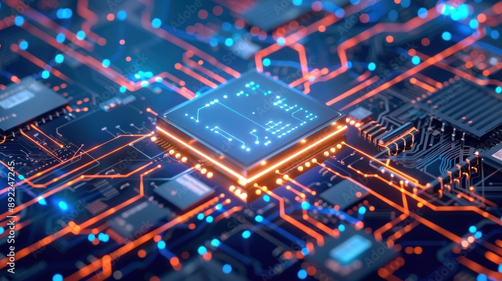 Glowing Circuit Board with a CPU at the Center Glowing Circuit Board with a CPU at the Center