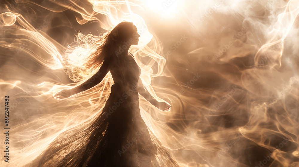 Sorceress enveloped in a soft, glowing aura as she casts a spell for healing, upper third copy space Sorceress enveloped in a soft, glowing aura as she casts a spell for healing, upper third copy space