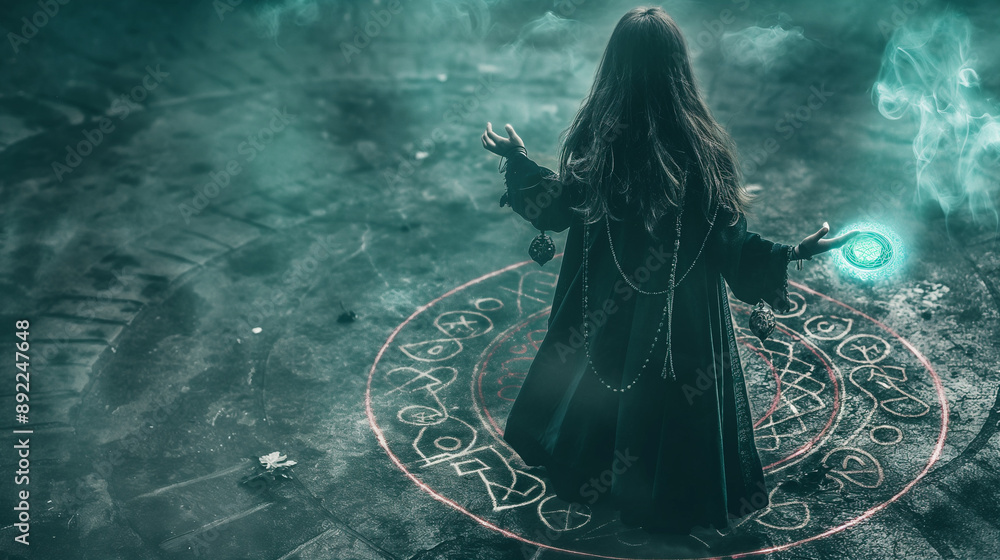 Sorceress creating a protective circle with ancient runes, casting a ...