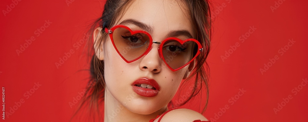 Stylish young woman posing with heart-shaped sunglasses. Free copy space for banner. Stylish young woman posing with heart-shaped sunglasses. Free copy space for banner.